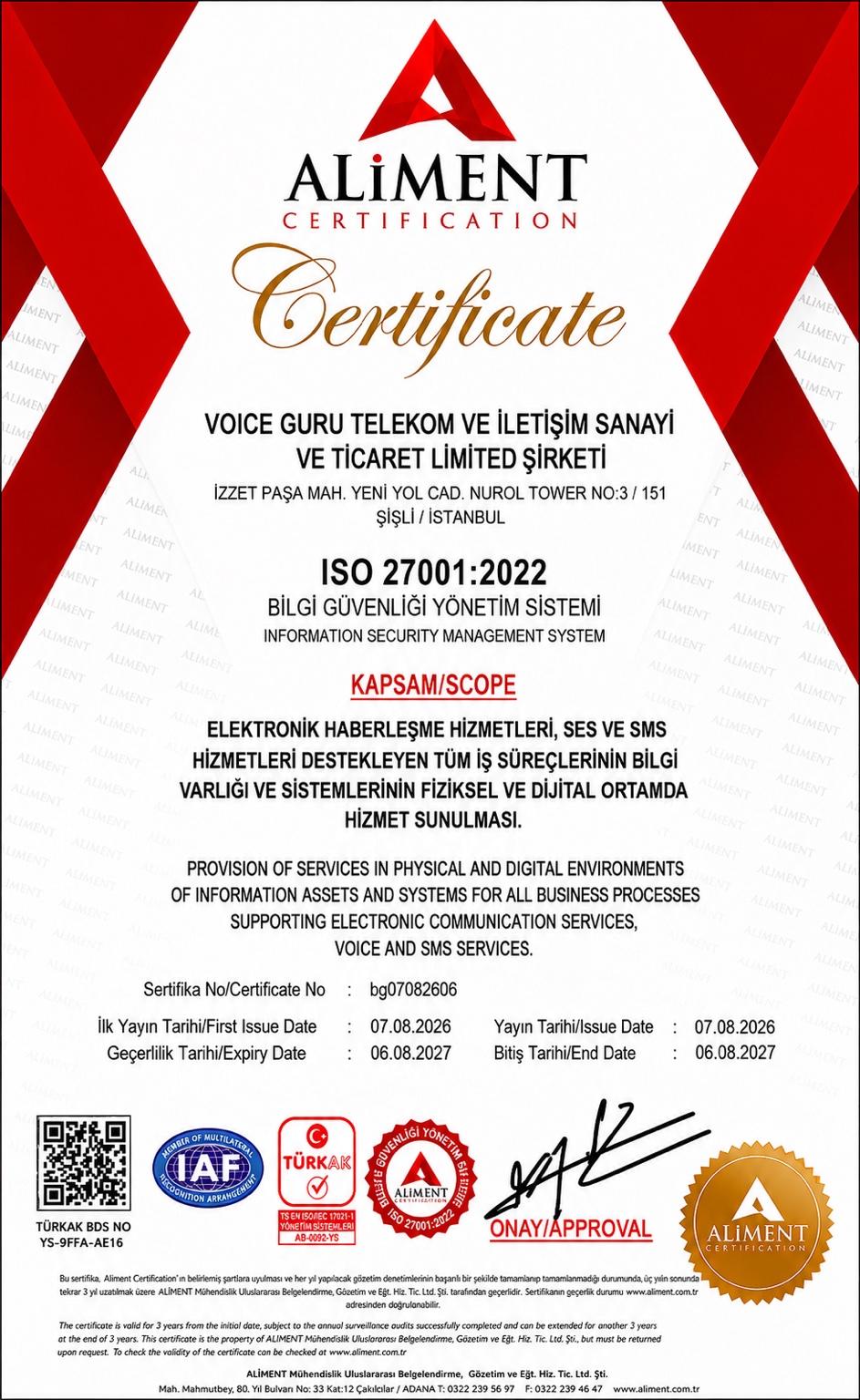 Company-supplied ISO 27001:2022 certificate for Voice Guru